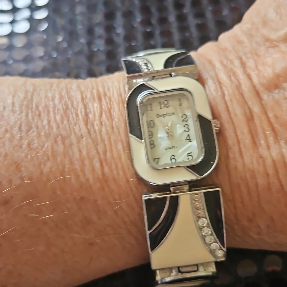 Sophie Geometric Enamaled Watch With Mother Of Pearl Face 7 1/2